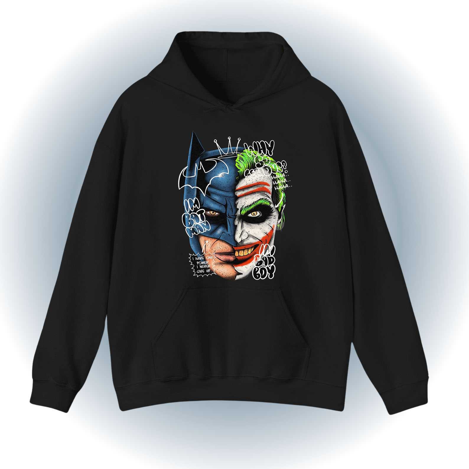 Batman & Joker Split Chaos - Duality Graphic Hoodie Batman & Joker Split Chaos - Duality Graphic Hoodie