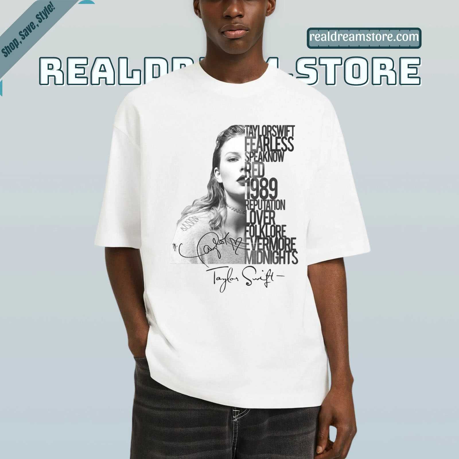 Taylor Swift Eras Typography Portrait Tee - Iconic Album Tribute Fan Light Color Shirt