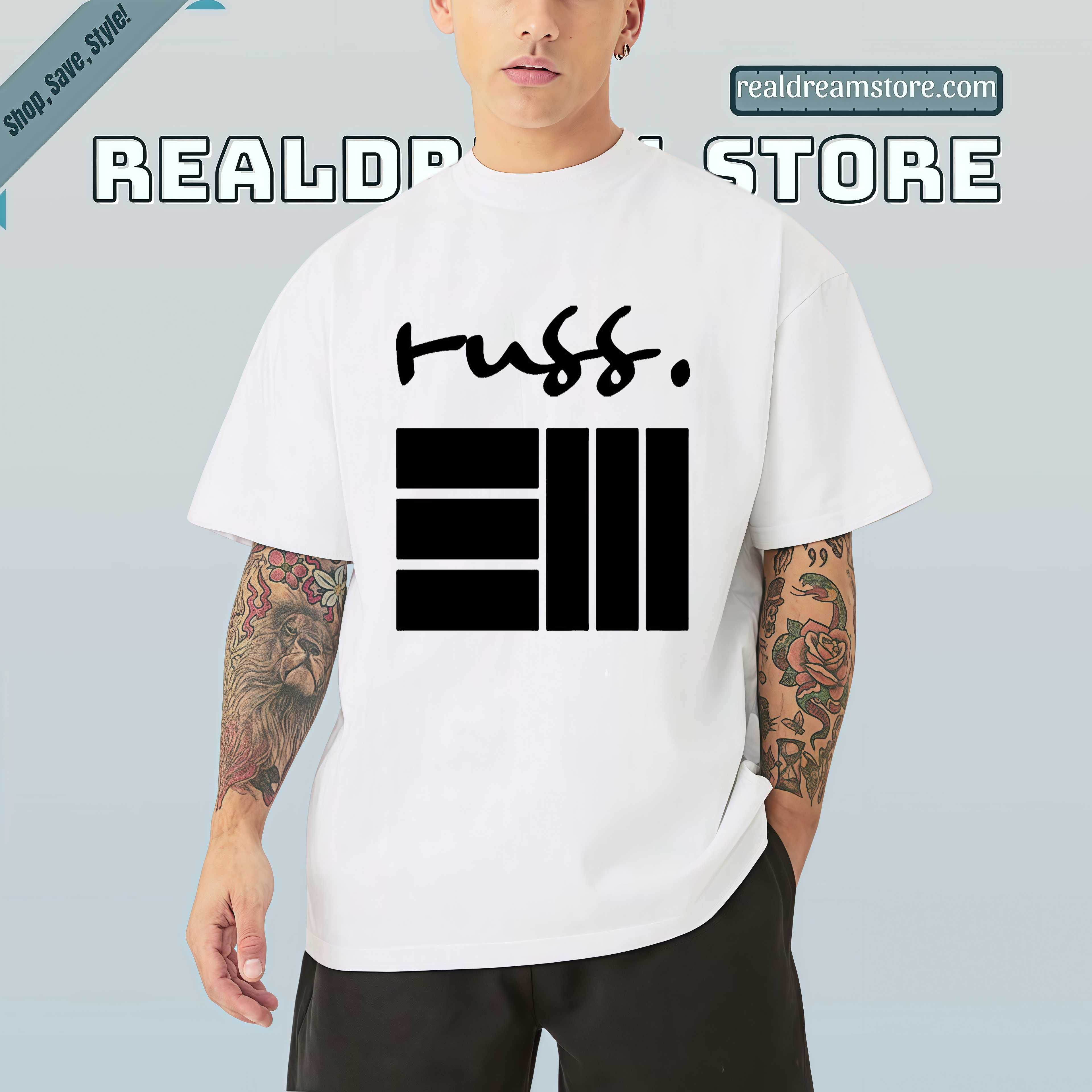 Russ Logo Graphic Tee - Signature Handwritten Script & Bars Design Shirt